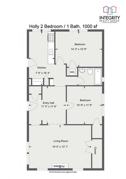 Floor plan for 2 beds, 1 bath, 1000 sqft